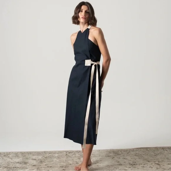 NWT! 🇵🇹 Linen LUXMII Zulu Midi Wrap Dress in Navy Luxury Made in Portugal - Picture 8 of 12